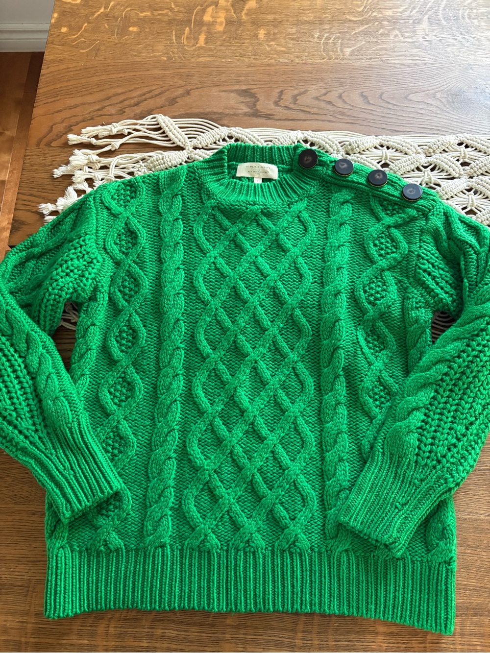 Women's Bright Green Cable-Knit Crewneck Sweater with Shoulder Buttons